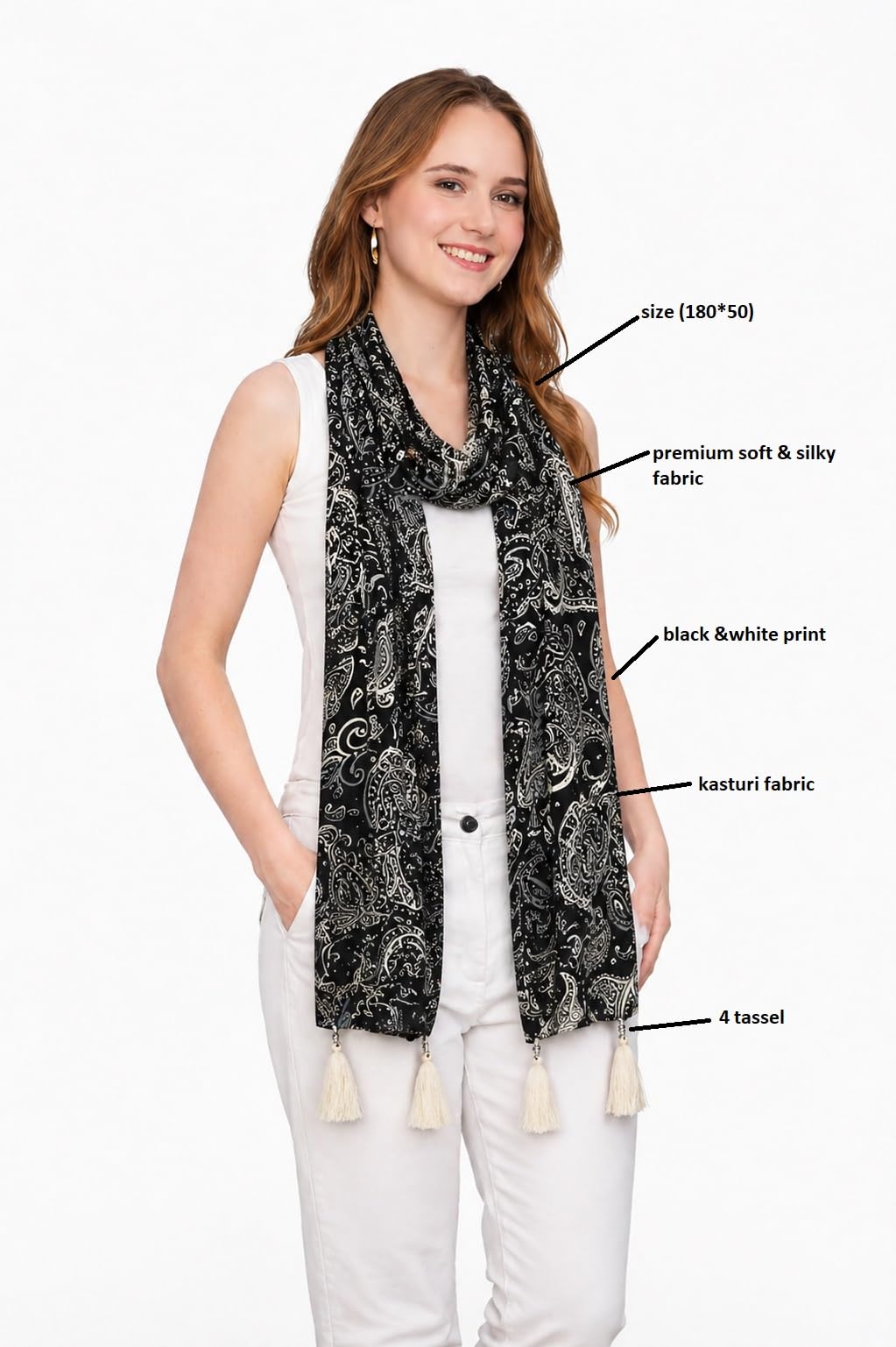 Women’s Printed Fashion Scarf for Women & Girls | Soft Lightweight Neck Wrap Stole with Tassels | Stylish Casual Daily Wear Scarf