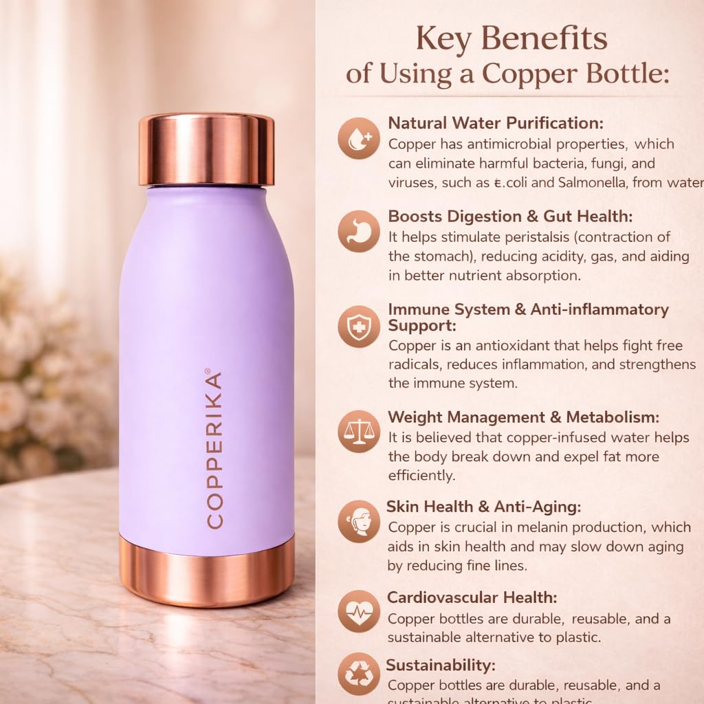 Copperika® Printed 100% Pure Copper Water Bottle 500ml + 2 COPPER TONGUE CLEANER FREE (PACK OF 2) Original Heavy Build | Gift Item | Marriage | Return Gift Item For ALL Users