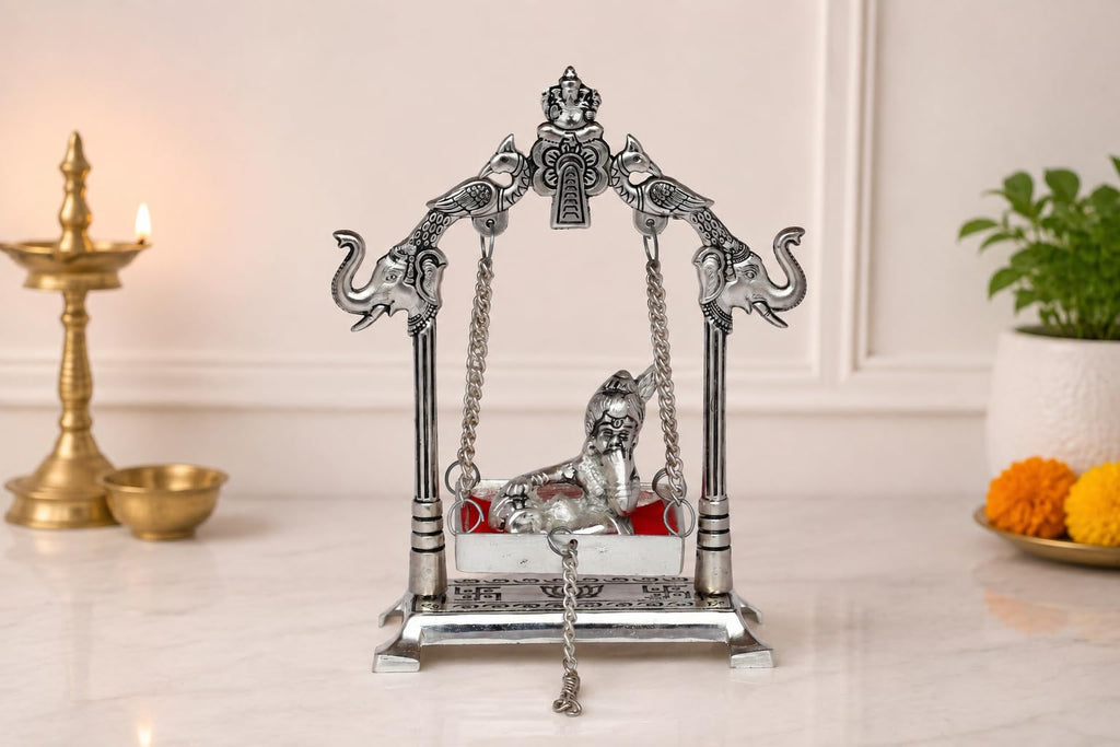 KridayKraft Silver Plated Metal Krishna Jhula with Elephant Design Stand | Lord Krishna on Swing Idol for Home Decor, Janmashtami Puja, Temple, & Spiritual Gifting.