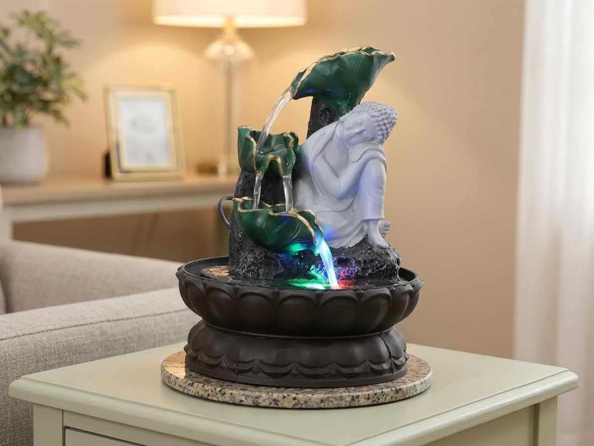 Kridaykraft Resting Buddha Tabletop Water Fountain with LED Lights – Decorative Indoor Waterfall Showpiece for Living Room, Office Desk & Meditation Decor (Multicolor)