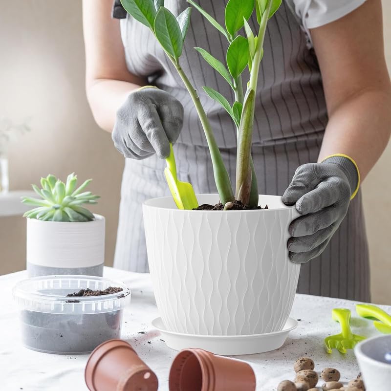 StyleX Store Plastic Round Flower Pots with Drainage Hole Saucers | Durable Outdoor Indoor Wave Pattern Planters with Tray | Plant Containers for Garden, Office, Balcony and Home (Set of 5, White)