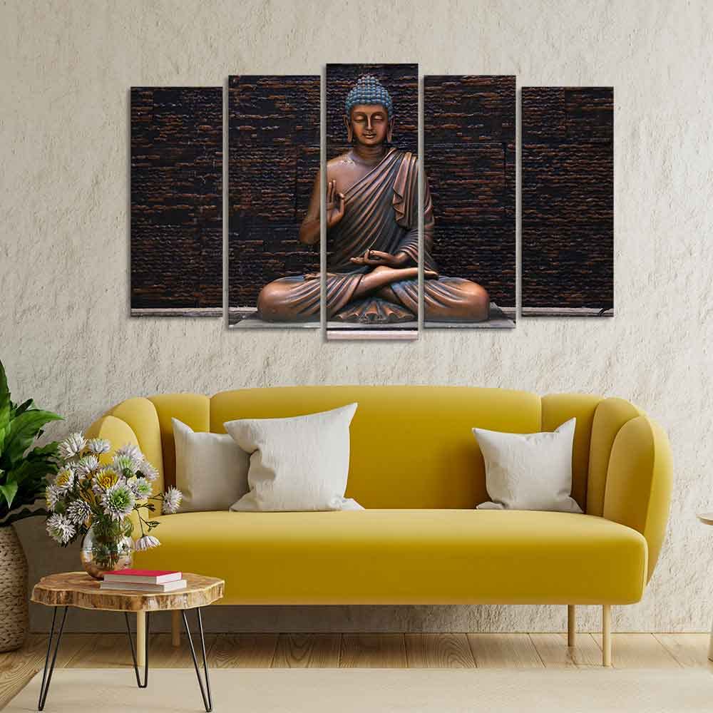 VIBECRAFTS Buddha Meditating Statue Canvas Wall Painting Set of Five For Home|Office|Living Room|Gift (PTVC5Pcs2_6553)