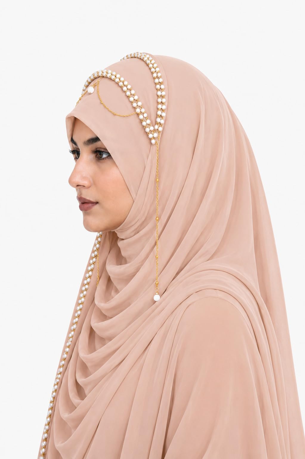 AL NOOR HIJAB Women's Pearl Chain Stone Hijab Scarf WIth Chiffon Dupatta