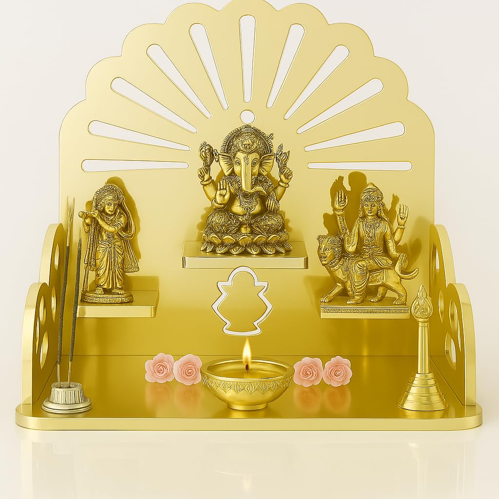 Fliptic Acrylic Wooden Gold Temple with Om Symbol DIY|Wall-Mounted Pooja Mandir,Shining Finish for Home,Office,Shop|Wall Mounted Medium Size Wooden Temple|Gold Colour|Do It Yourself,25 cm,25.5 cm