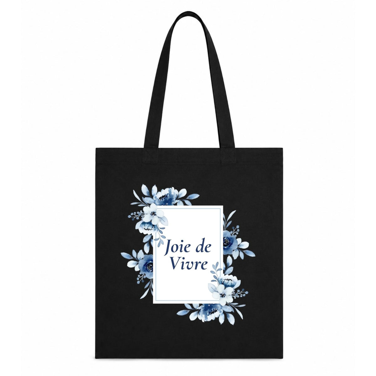 Adorvue New Launch Black Canvas Tote Bag for Women with Blue Floral Joie de Vivre Print | Cotton Reusable Shopping Shoulder Bag | Botanical Eco-Friendly Tote for College, Office, Travel & Daily Use
