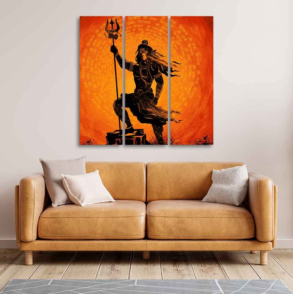 VIBECRAFTS 3 Pieces Shiva Canvas Wall Painting Fitted With Wooden Frame For Home | Office | Living Room | Gifts (PTVC3Pcs1_9504)