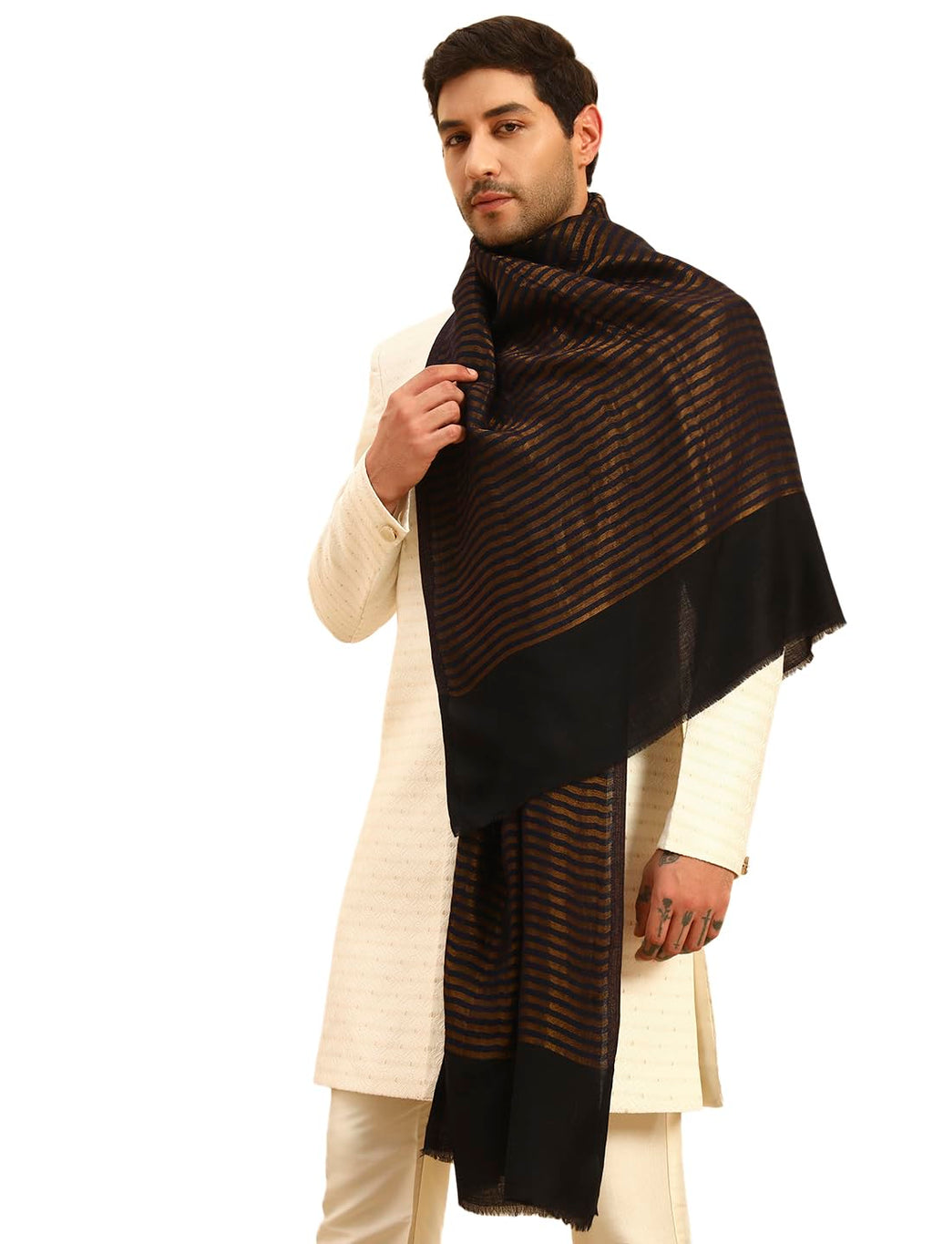Pashmoda Men Golden Eclipse Reversible Zari Moonlight Fine Wool Stole (Size-28x80in, 71x203cm) MZSST03