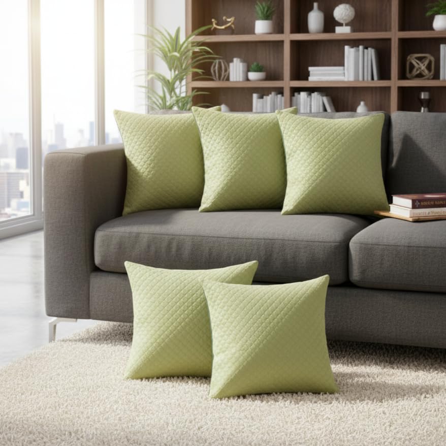 STITCHNEST Quilted Velvet Cushion Covers Set of 5 | Soft Mehndi | 18x18 Inches | Premium Sofa & Living Room Décor