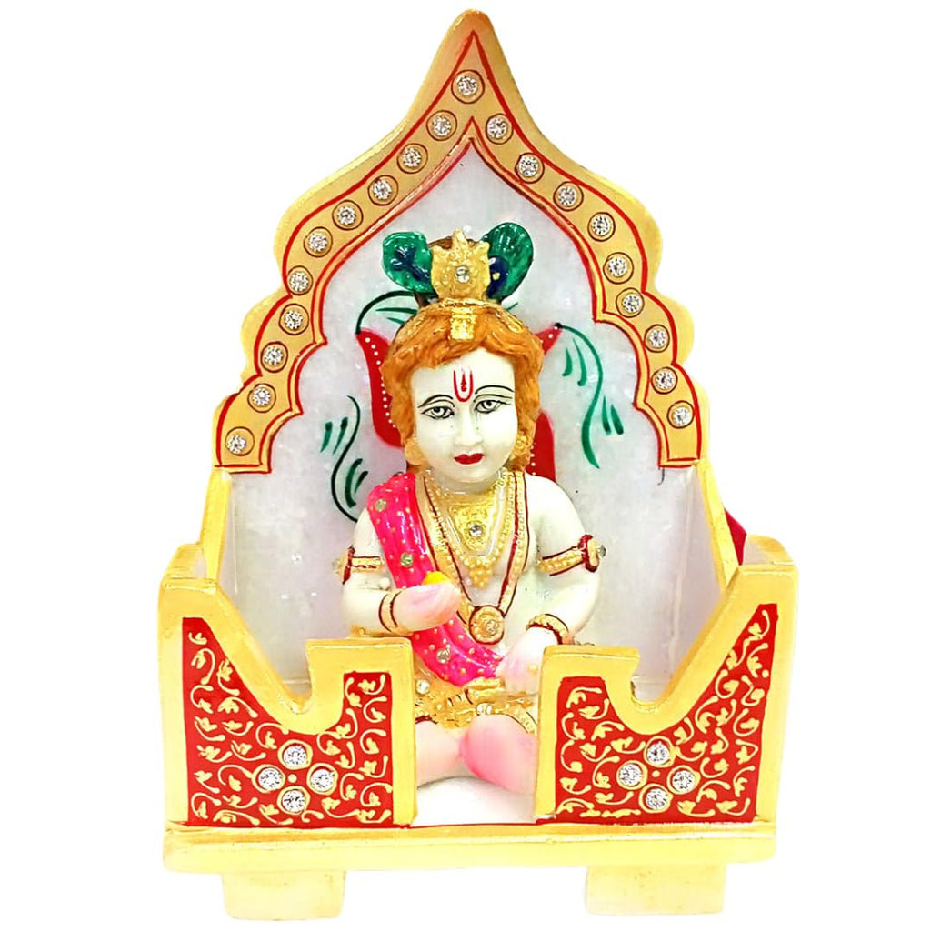 Salona Home Pure Marble Singhasan for God with Cute Laddu Gopal Idol, Marble Temple for Home, God Stand for Pooja Room (6.5 x 4 x 3.5 inch, Multicolor)