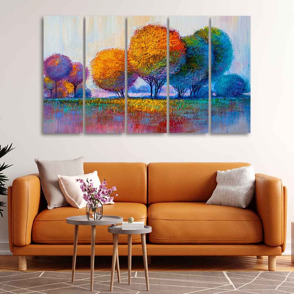 VIBECRAFTS Colorful Trees Premium Canvas Wall Painting of Five Pieces For Home|Office|Living Room|Gift (PTVC5Pcs4_8652)