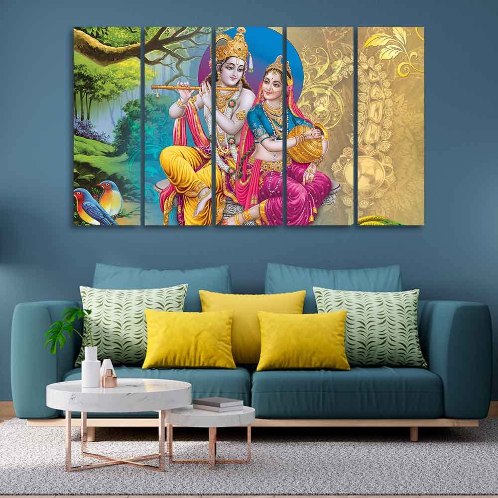 VIBECRAFTS Beautiful Wall Painting of Radha Krishna Set of Five Pieces For Home|Office|Living Room|Gift (PTVC5Pcs4_8728)