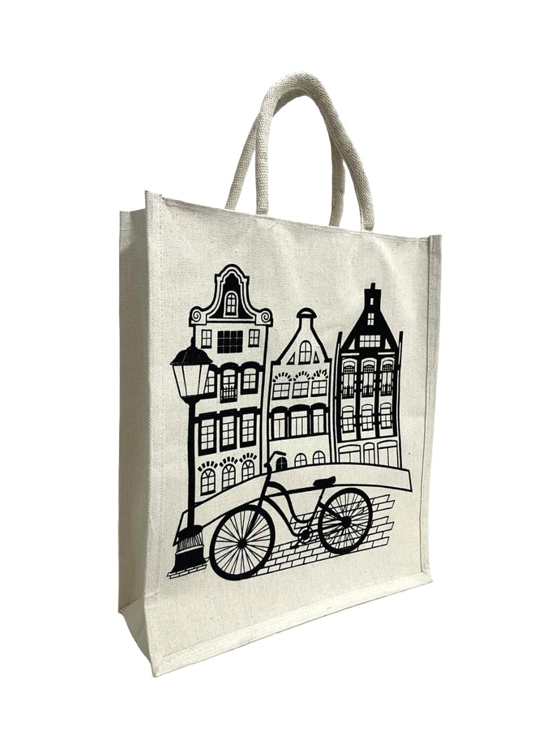 Jute Club Printed Canvas Bag|Shopping|Office|Tiffin| Multipurpose|Eco Friendly with Zipper lock|Spacious|100% Organic Cotton Tote with Lamination-14 X16 X5 (5Pc, The Cycle Stand)