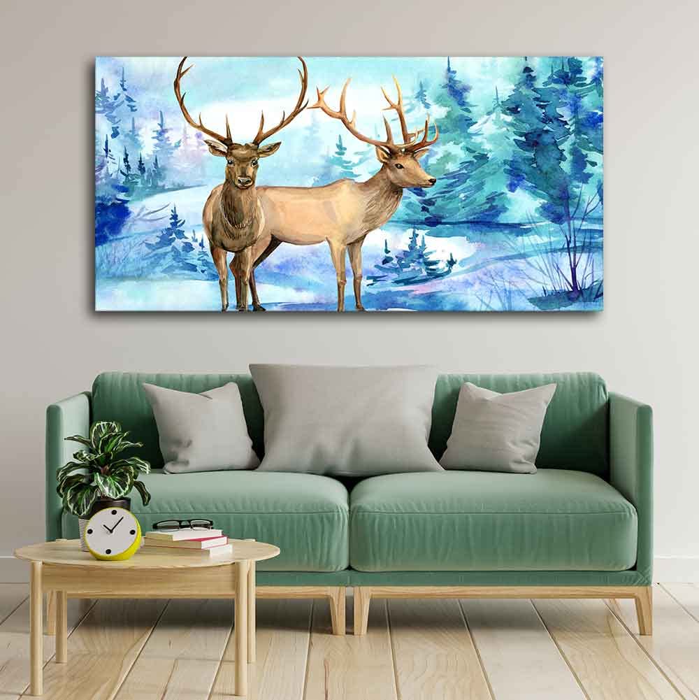 VIBECRAFTS Canvas Paintings for Living Room Drawing Beautiful Pair of Deer in Snow Covered Forest Wall Painting Art Fitted with Wooden Frame Home | Office | Gift (PTVCH_2260)