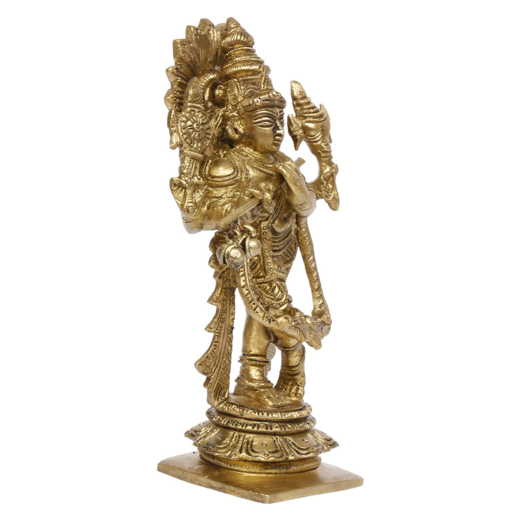 ARTVARKO Brass Four Arms Krishna Standing Playing Flute Shankh Chakra on Hand Idol Statue for Home Décor Mandir Temple Puja Gift 5.5 Inch