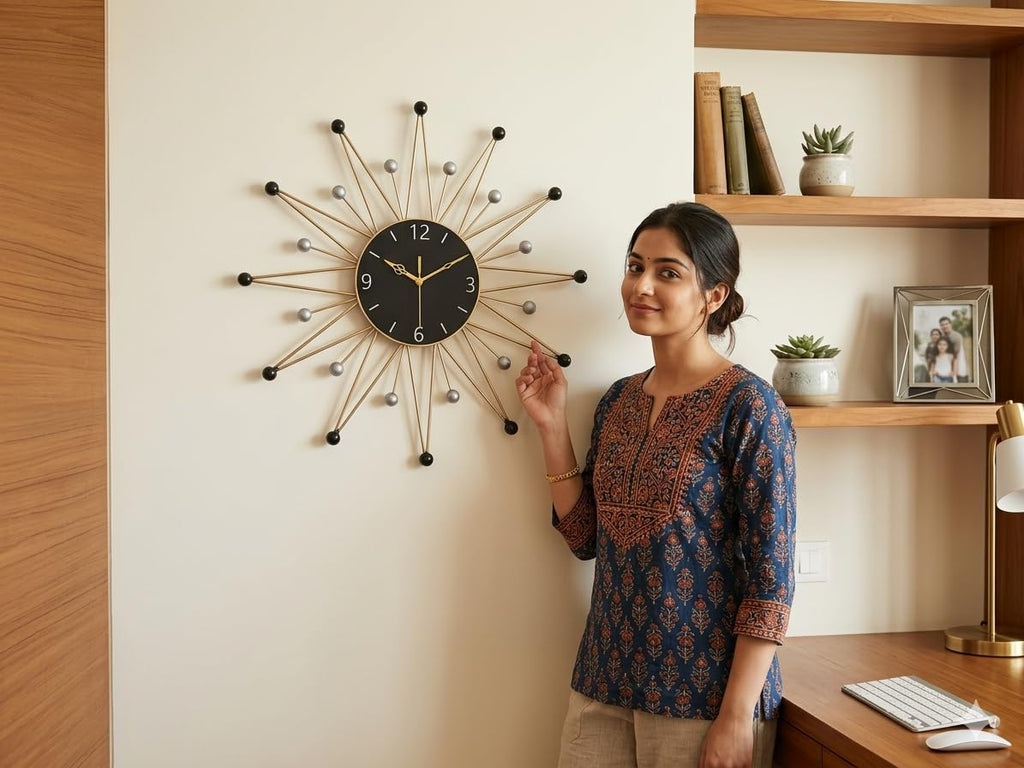 Mahira Artefacts Starburst Wall Clock, Metal, Silent, Art Deco Style, Sunburst Shape, Black & Gold, Large, Battery Powered