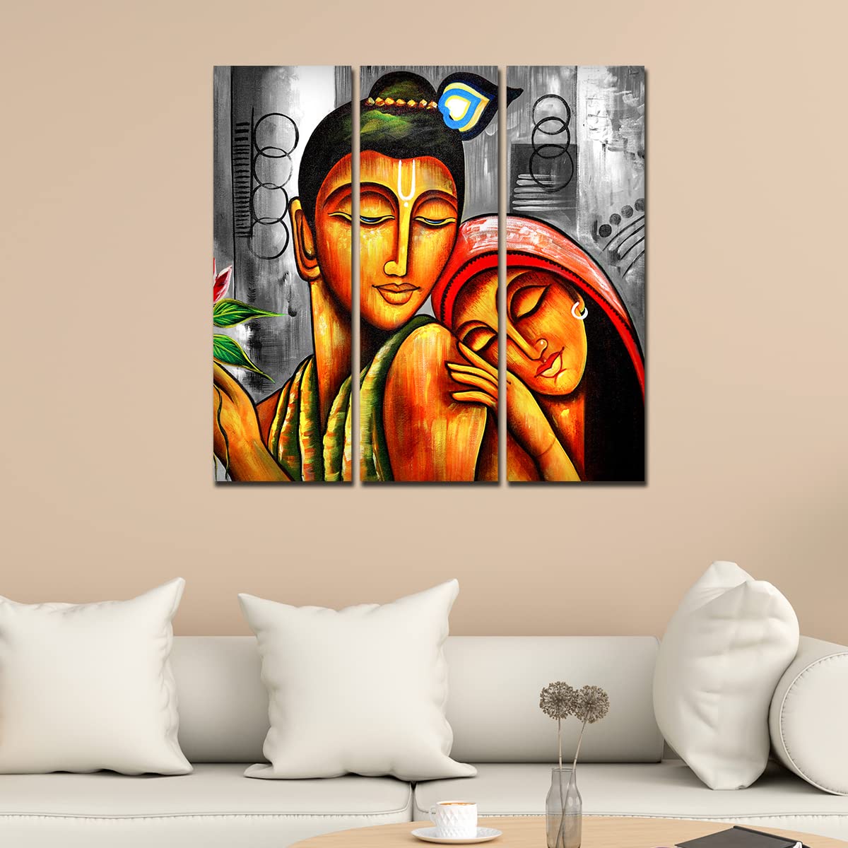 VIBECRAFTS 3 Pieces Shree Radha Krishna Canvas Wall Painting Fitted With Wooden Frame For Home | Office | Living Room | Gifts (PTVC3Pcs1_9537)