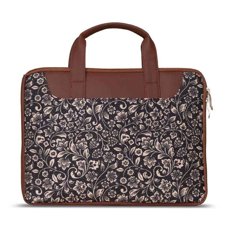 ZOUK FloMotif Floral Printed Women's Jute Handcrafted Vegan Leather Black L Zipper Laptop Sleeve 15.6 inch
