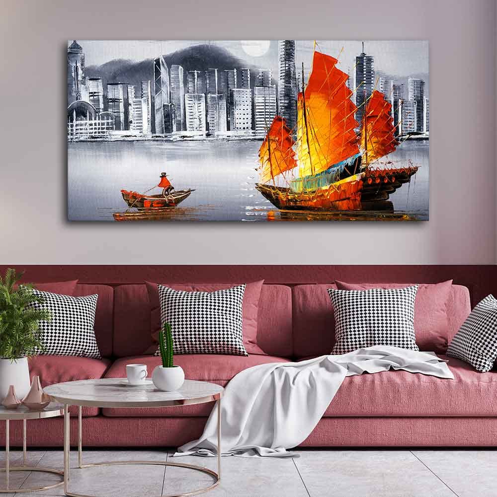 VIBECRAFTS Canvas Paintings for Living Room Drawing Room Premium Wall Painting of Victoria Harbor, Hong Kong Fitted with Wooden Frame for Home|Office|Gift(PTVCH_2284)