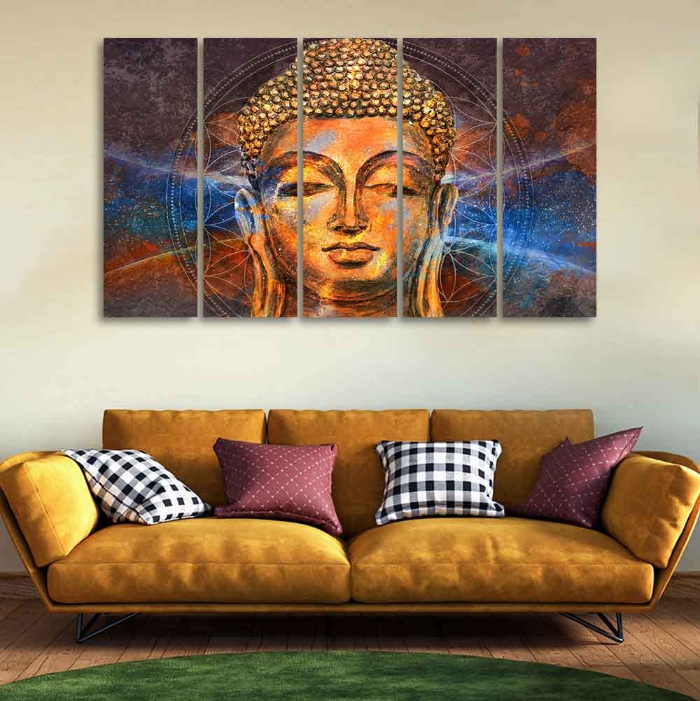 VIBECRAFTS Gautam Buddha Head Wall Painting of Five Pieces For Home|Office|Living Room|Gift (PTVC5Pcs4_8635)