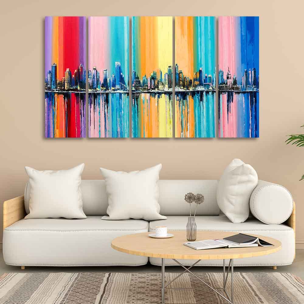 VIBECRAFTS City Skyline Premium Canvas Wall Painting Set of Five For Home|Office|Living Room|Gift (PTVC5Pcs4_8631)