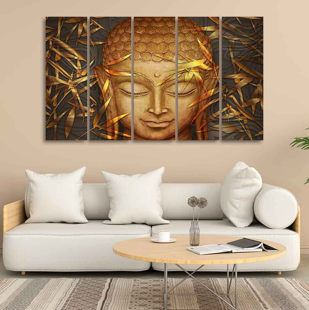 VIBECRAFTS Gautam Buddha with Serene Smile Wall Painting Set of Five Pieces For Home|Office|Living Room|Gift (PTVC5Pcs4_8682)