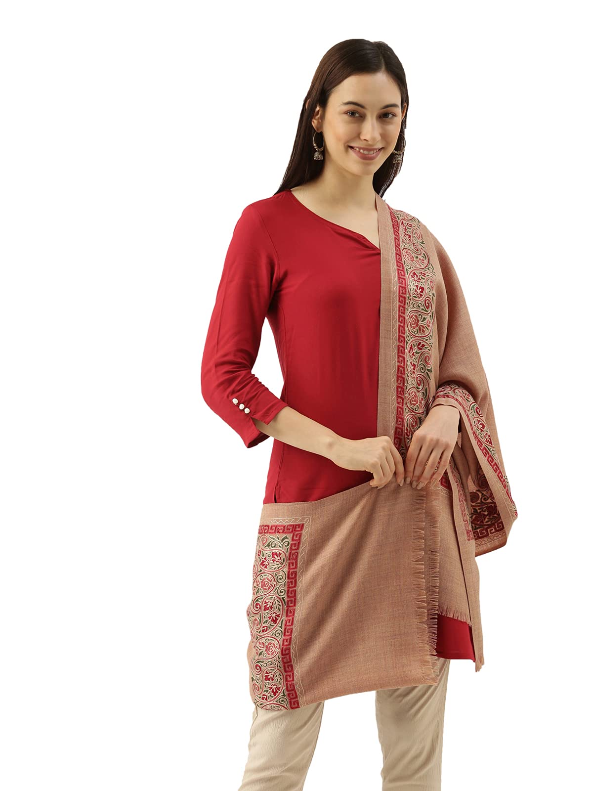Pashmoda Women’s 100% Pure Wool Nalki Embroidered Stole, Shawl and Wrap, Woolmark Certified, Sustainable and Natural Fabric (Size 28x80)