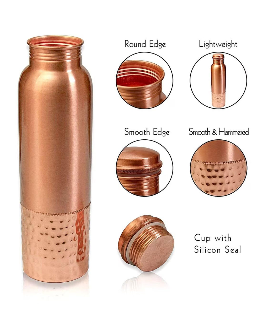 KC Pure Copper Water Bottle with Leak Proof Protection, Ayurveda and Yoga Health Benefits. (Half Hammered Design,1000ml)
