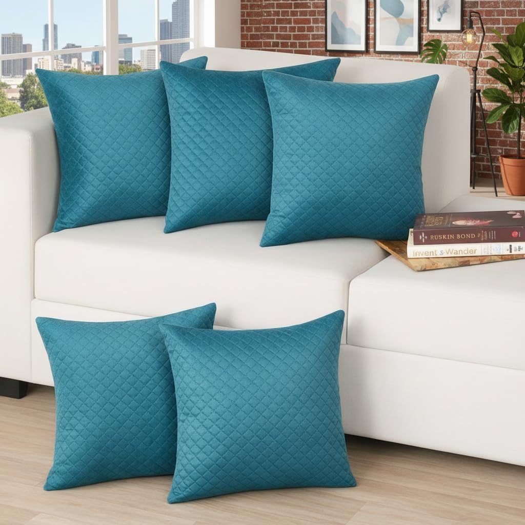 STITCHNEST Quilted Velvet Cushion Covers Set of 5 | Soft Luxury | 18x18 Inches | Premium Sofa & Living Room Décor