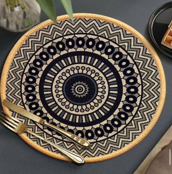 HomeCloud Round Printed Jute Placemat 20x20Cm | Heat-Resistant Table Mat with Anti-Skid Rubber Back | Decorative Dining, Centre & Coffee Table Mat (Black_Grey, Pack of 6) Kafalo