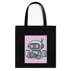Kirmada Black Cotton Tote Bag | Recharge Mode Robot Design | Cute Tech & Gamer Tote for College, Office & Shopping | Zipper Closure | Reusable Eco Friendly Cotton Bag | Gift for Coders & AI Lovers