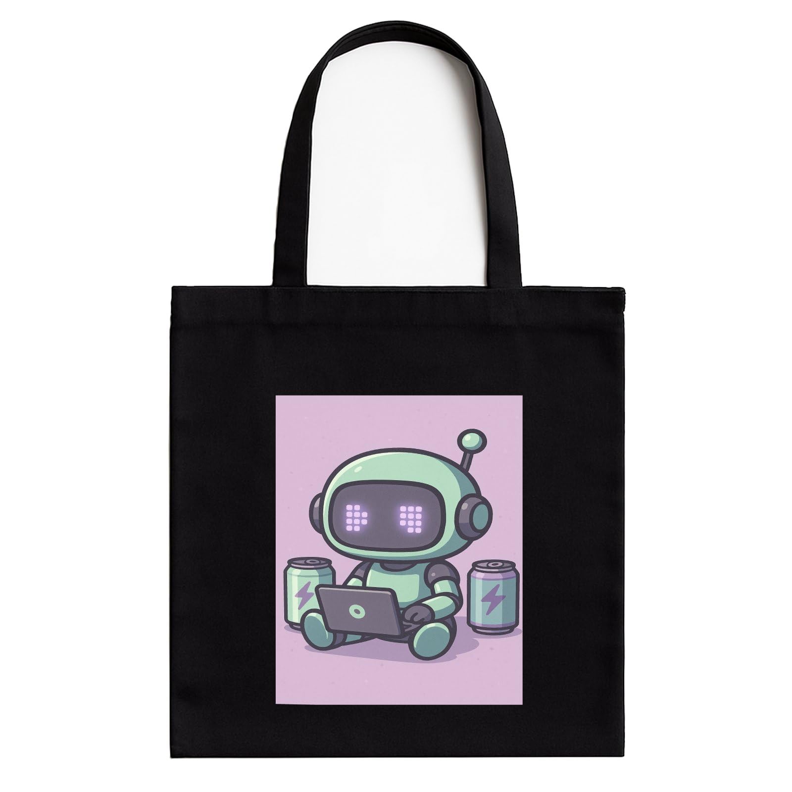 Kirmada Black Cotton Tote Bag | Recharge Mode Robot Design | Cute Tech & Gamer Tote for College, Office & Shopping | Zipper Closure | Reusable Eco Friendly Cotton Bag | Gift for Coders & AI Lovers