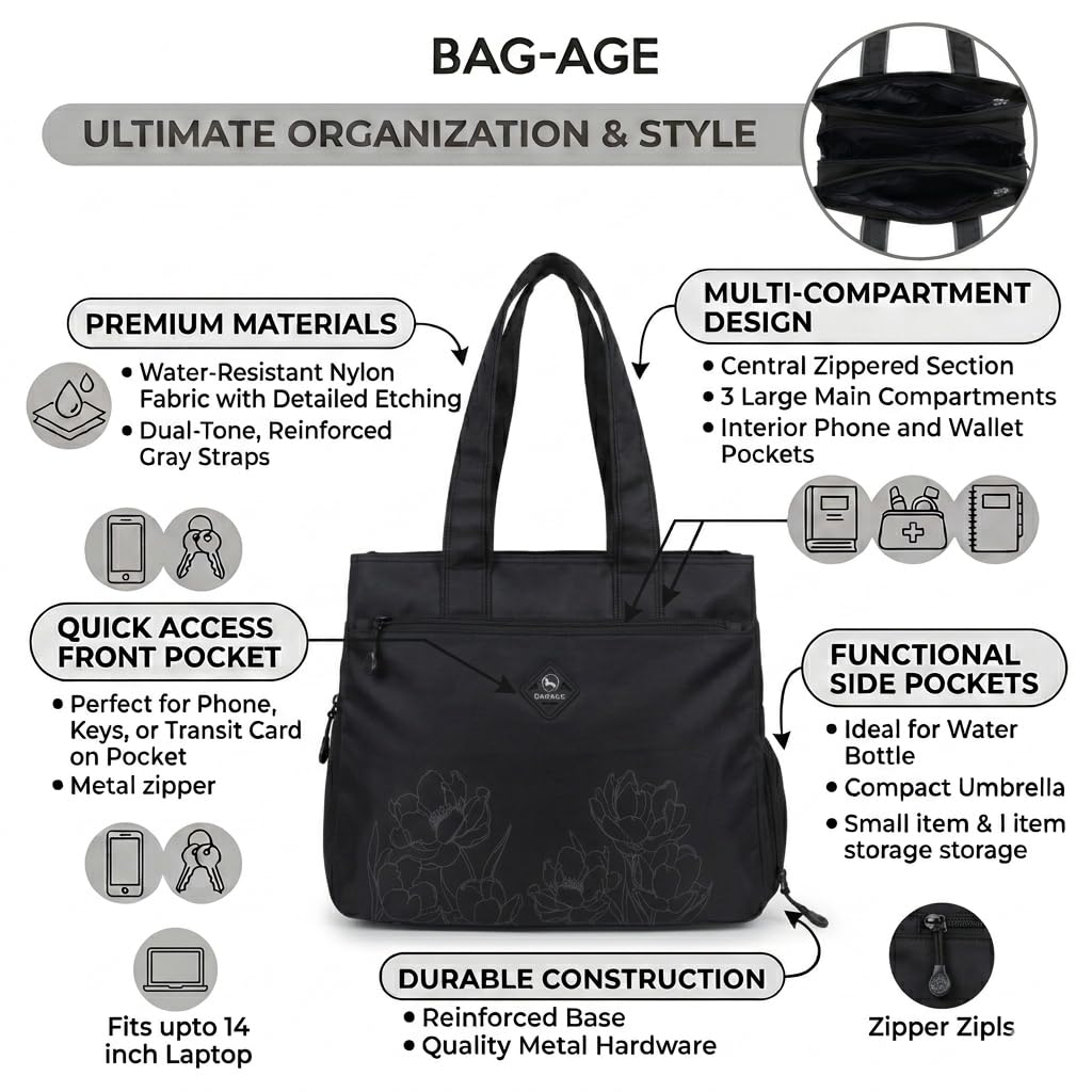 Bag-Age HB55 Tote Handbag for Girls & Women, Water Resistant Office Work Bag with Umbrella Pocket, Large Capacity Shoulder Bag for Work, Travel & Daily Use (Black)