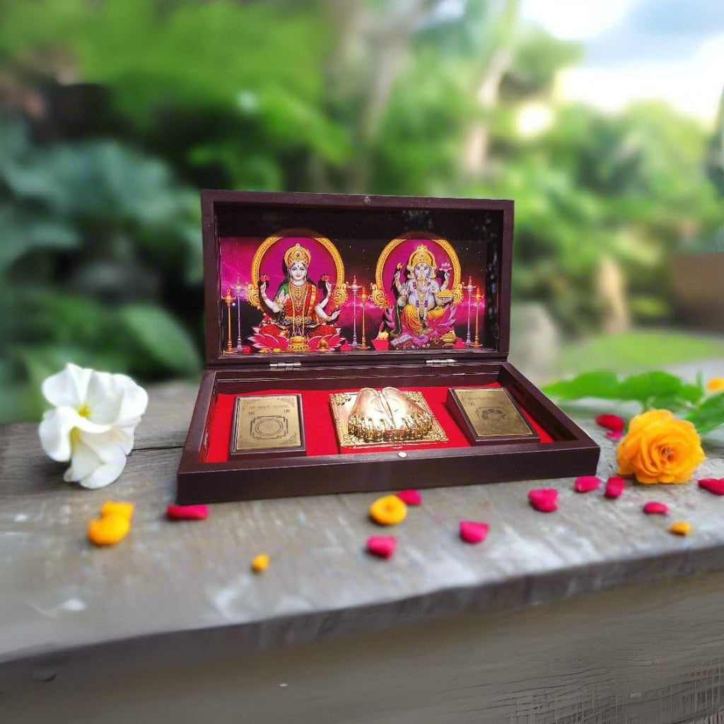 Enchanting Krystals Soulwise Diwali Sale – Gold-Plated Pooja Mandir for Wealth & Prosperity | Includes Laxmi Yantra, Ganesh Yantra & Charan Paduka | Compact Size 8x5 | 1 Pc