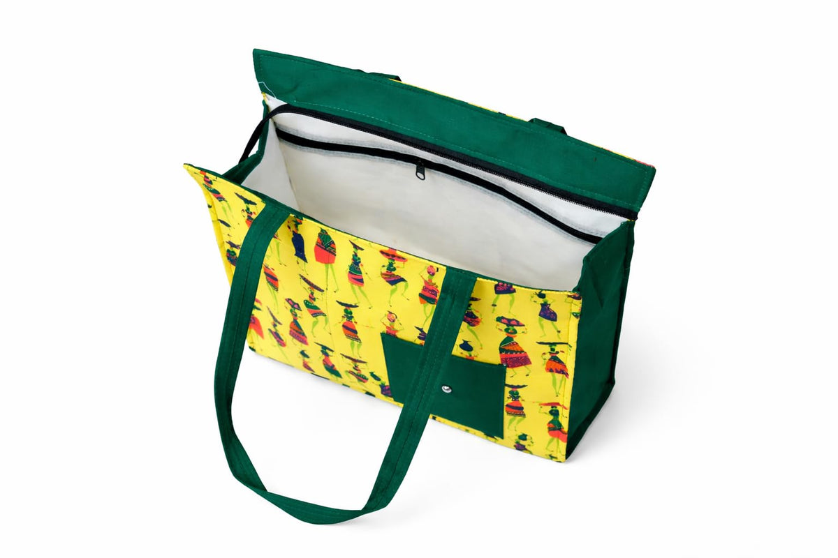 Vaishnavi Solapur Creations Warli Printed Cotton Tote Bag for Women | Ethnic Handmade Shoulder Handbag | Reusable Eco-Friendly Shopping & Daily Use Bag (Yellow)