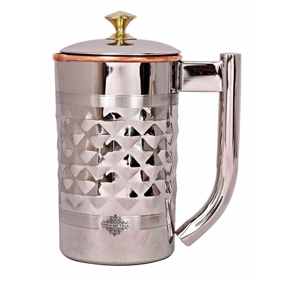 Indian Art Villa Diamond Hammered Steel Copper Jug Picther with Brass Knob, Serveware, 1200 ML