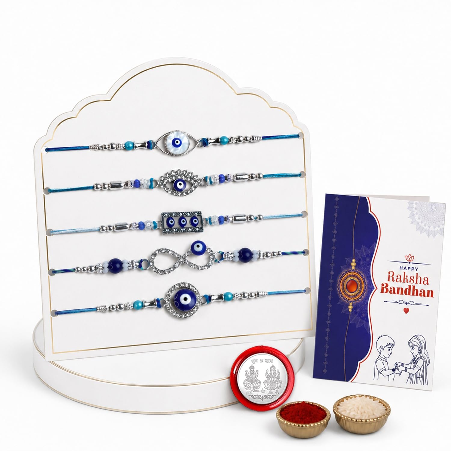 Oblivion 5 Fancy Rakhi Set for Bhaiya, Assorted Handmade Threads with Roli Tikka, Silver Color Pooja Coin & Greeting Card | Multicolor Beads Design, Rakshabandhan Festive Gift Combo, Pack of 8