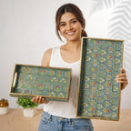 Amimashop® Wooden Serving Tray Set of 3 with Handles – 16, 14 & 12 Inch Rectangular Decorative Tray | Green Floral Gold Engraving Waterproof Tea Coffee Serving Tray | Wooden Tray Set