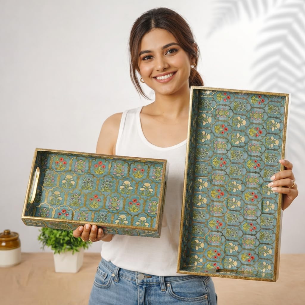 Amimashop® Wooden Serving Tray Set of 3 with Handles – 16, 14 & 12 Inch Rectangular Decorative Tray | Green Floral Gold Engraving Waterproof Tea Coffee Serving Tray | Wooden Tray Set