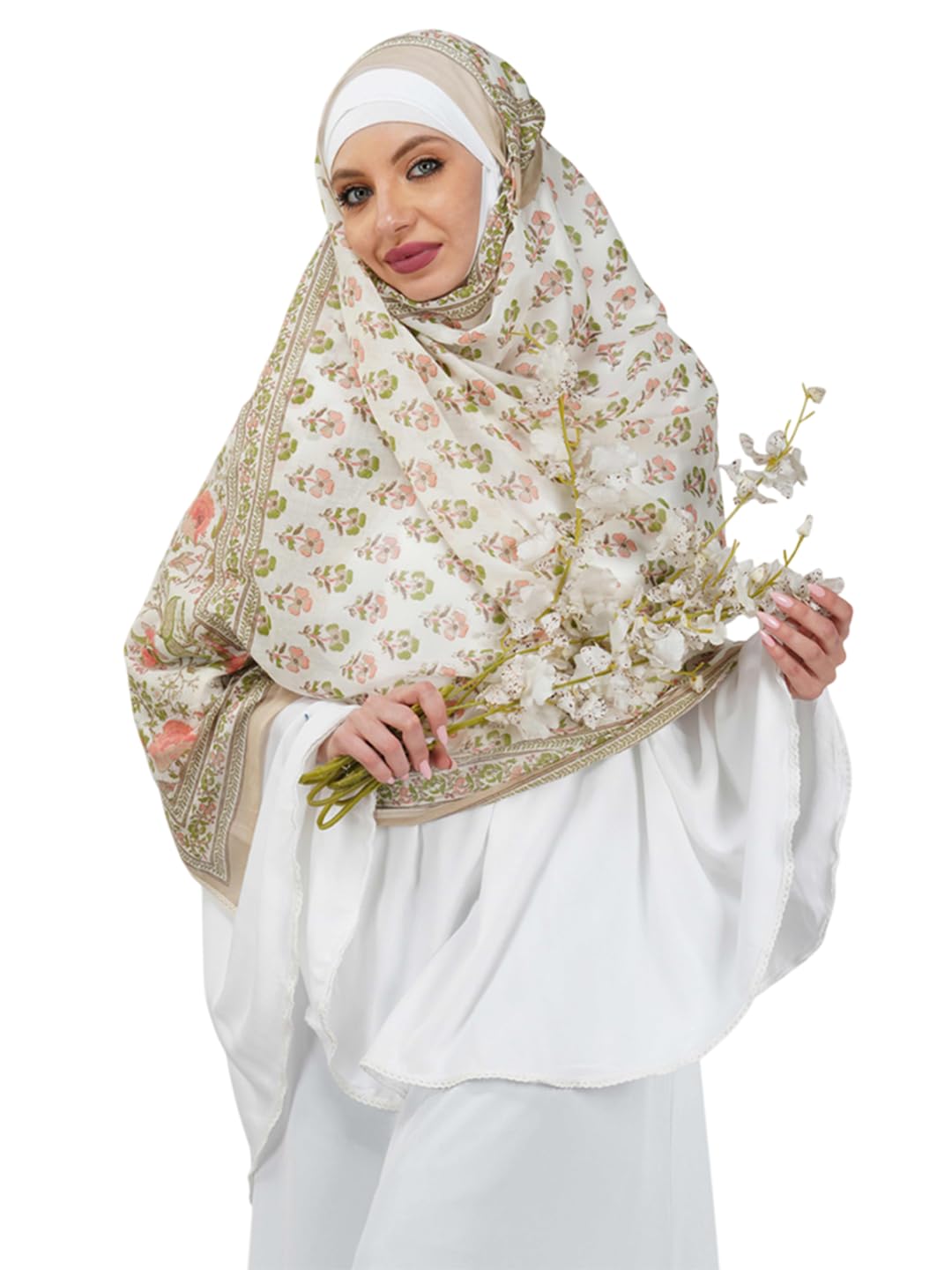 ANAApparels ANA Haniya Beige Periwinkle Floral Dupatta | 86 x 43 Inches – Premium Mulmul Cotton | Lace Border | Lightweight, Soft & Breathable