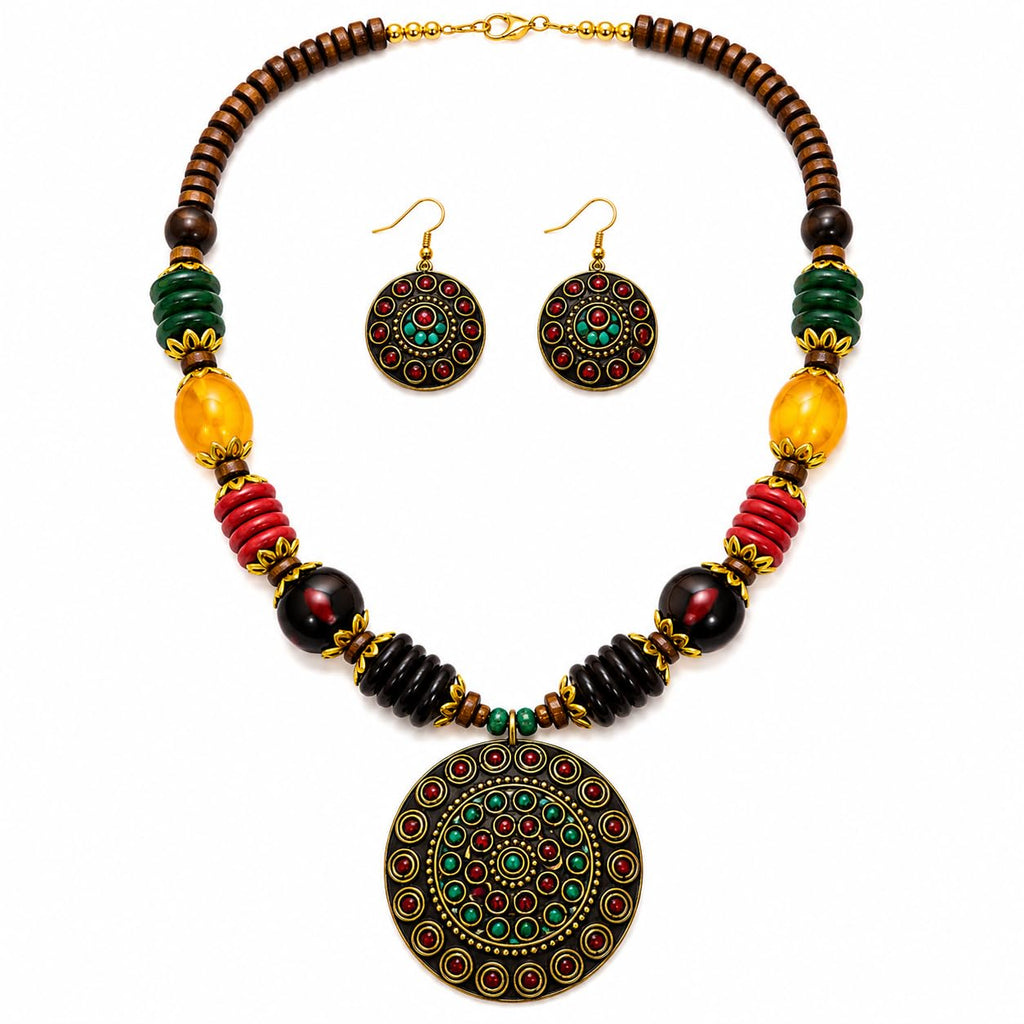 PRIMENEST Handmade Multicolor Afghani Tribal Necklace Set for Women & Girls | Antique Pendant Statement Jewelry with Earrings | Boho Ethnic Fashion Jewellery for Party, Wedding, Festival Traditional