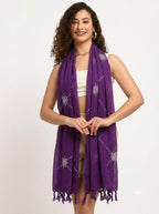 Pure Cotton Scarf for Women, Purple, Embroidered Design flower Motifs, Lightweight Summer Wrap