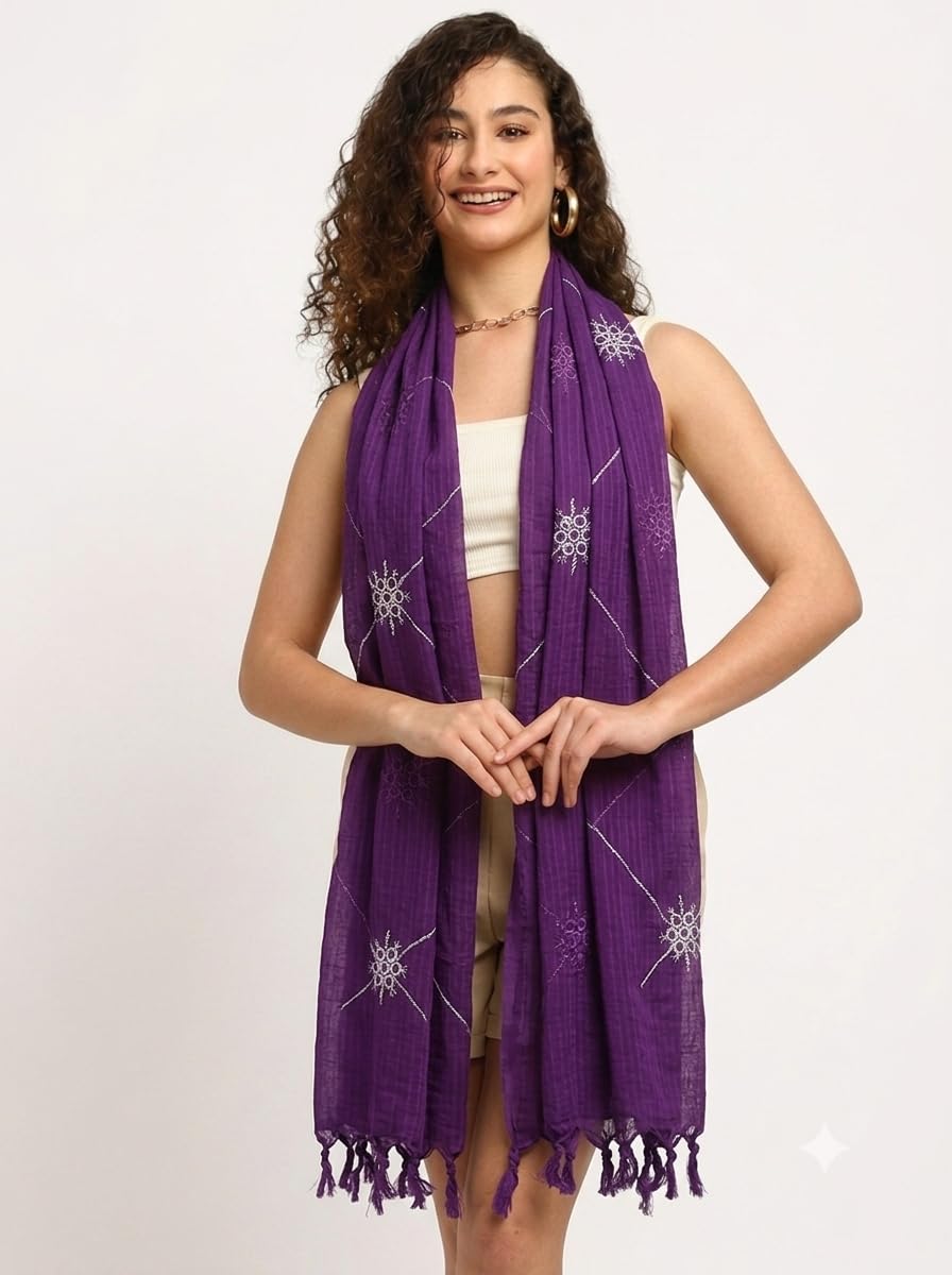 Pure Cotton Scarf for Women, Purple, Embroidered Design flower Motifs, Lightweight Summer Wrap