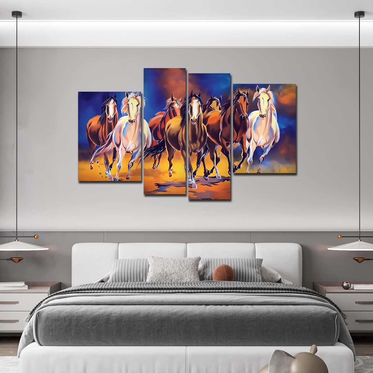 VIBECRAFTS Seven Horses Running 4 Pieces Canvas Wall Painting Fitted With Wooden Frame For Home | Office | Living Room | Gifts (PTVC4Pcs2_14505)