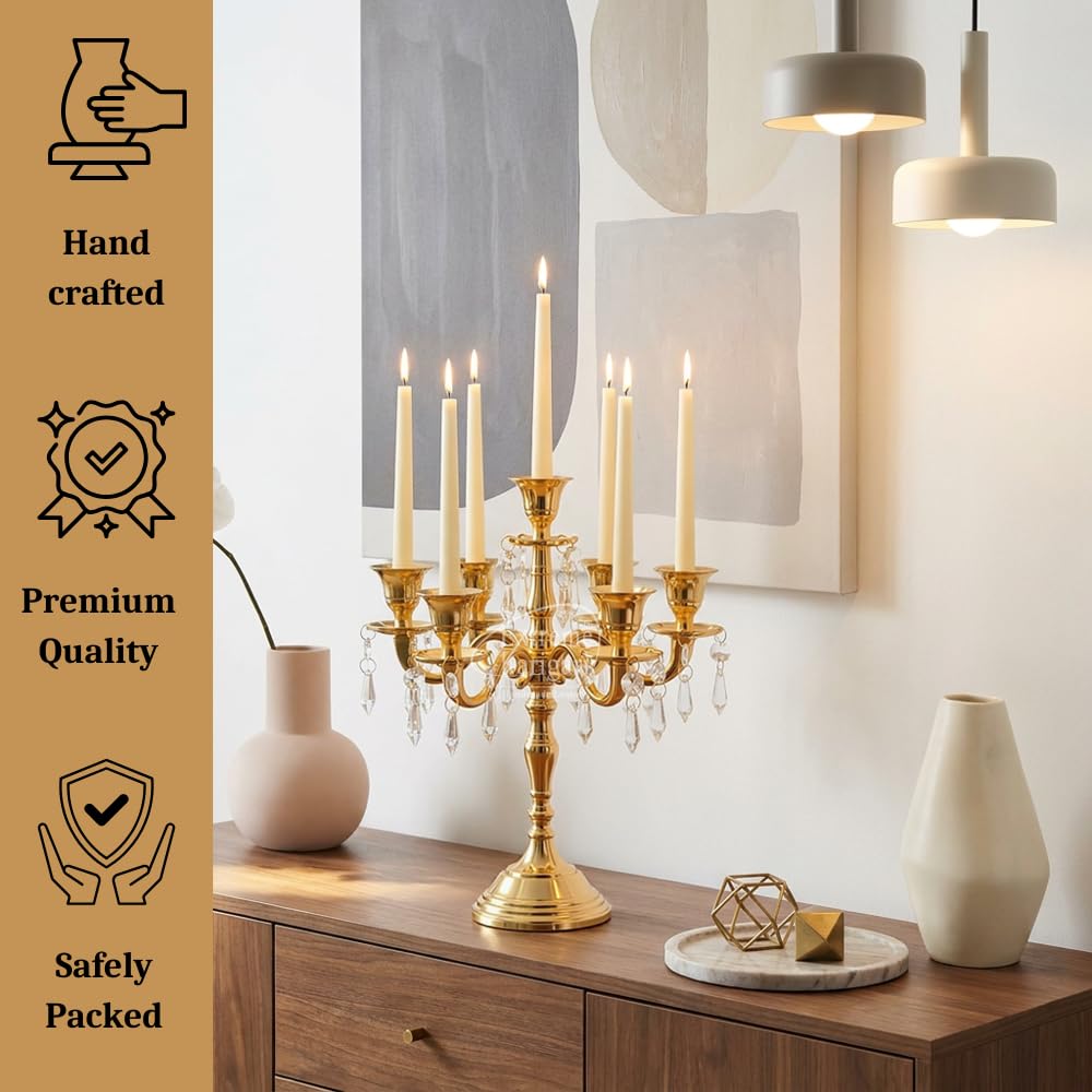 Extreme Karigari Vintage 7 Arm 12inch Candle Holder Stand with Crysal Hanging for Home and Dining Table Decor, Wedding Centerpiece
