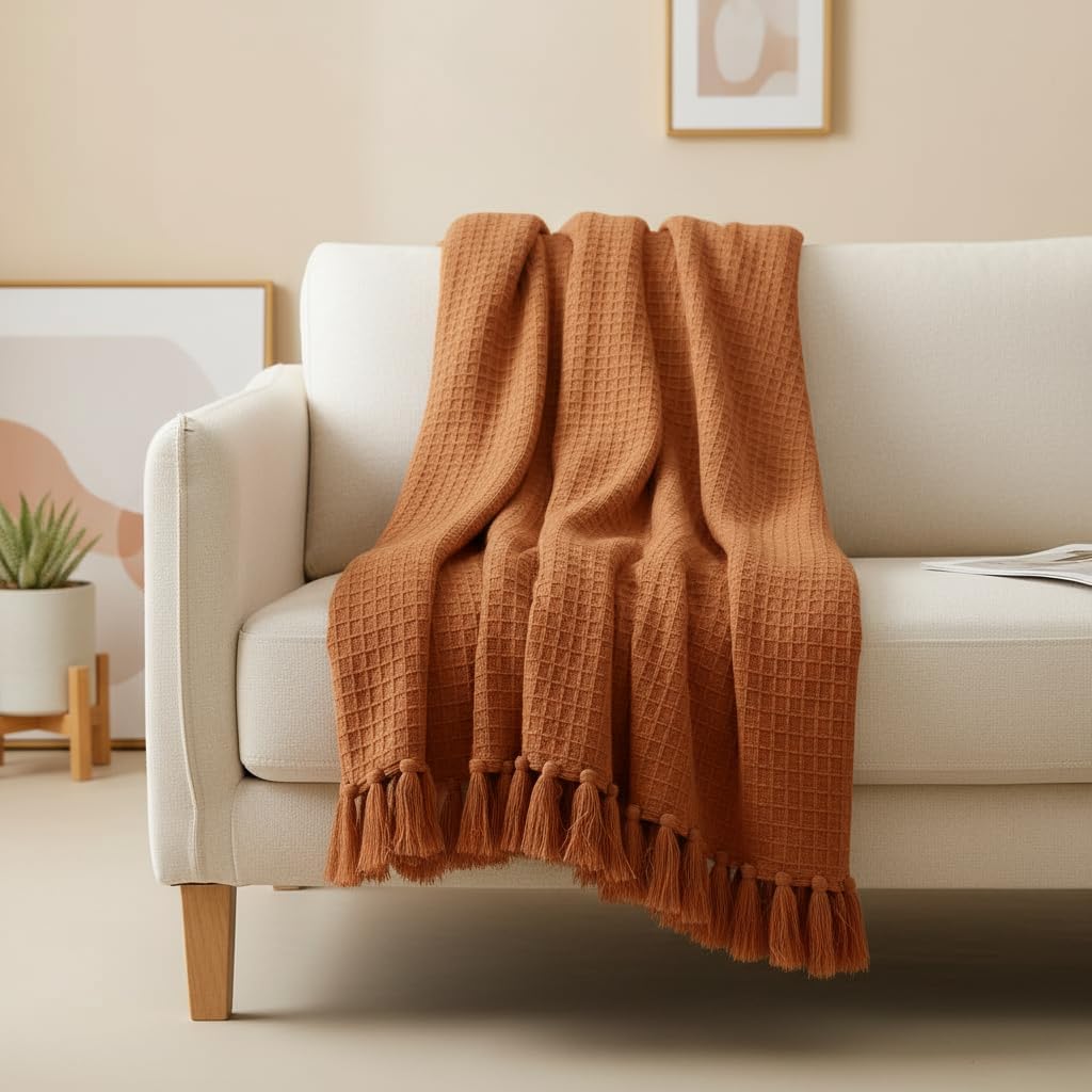 KNIT VIBES 100% Cotton Waffle Weave Sofa Throw Blanket 50x60 Inches or 125x150 cms Lightweight, Soft & Breathable Couch, Bed or Chair Throw Blanket for Living or Bedroom, Orange Kafalo