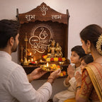 Premium Wooden Wall Mounted Pooja Mandir for Home | Om Namah Shivay Shubh Labh Design | Space Saving Temple with Shelf | Decorative Home & Office Mandir