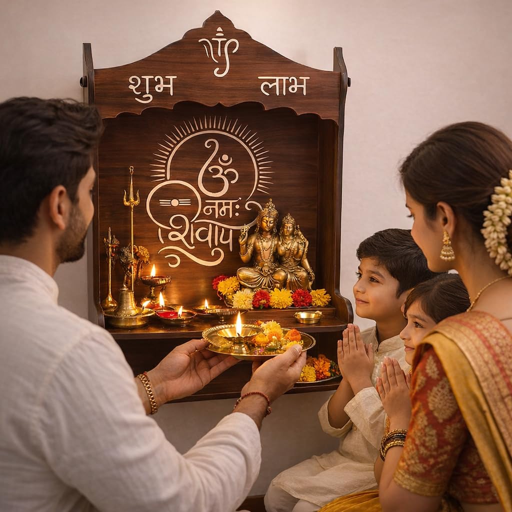 Premium Wooden Wall Mounted Pooja Mandir for Home | Om Namah Shivay Shubh Labh Design | Space Saving Temple with Shelf | Decorative Home & Office Mandir