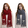 RAYCRAFT Knitted Winter Scarf with Bow Detail and Tassel Ends, Grey and Red, Women's Warm Wrap (PACK OF 2)