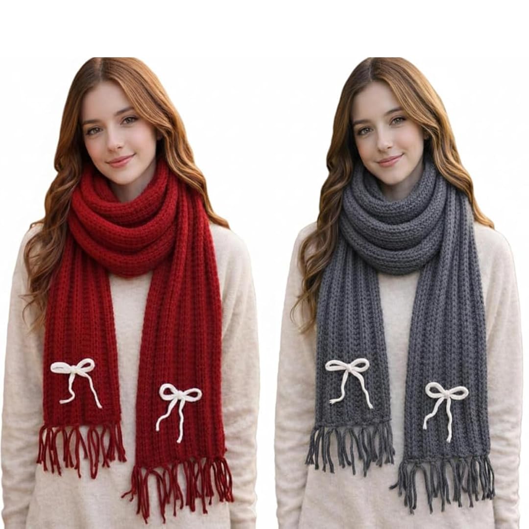 RAYCRAFT Knitted Winter Scarf with Bow Detail and Tassel Ends, Grey and Red, Women's Warm Wrap (PACK OF 2)