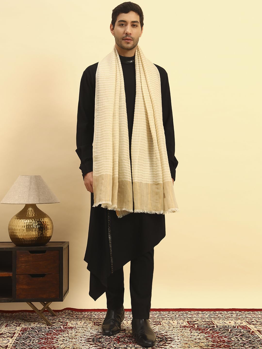 Pashmoda Men Golden Eclipse Reversible Zari Moonlight Fine Wool Stole (Size-28x80in, 71x203cm) MZSST03